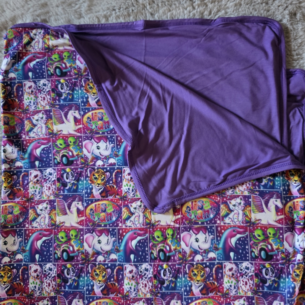 Colorful Cartoon Print Blanket with Purple Lining